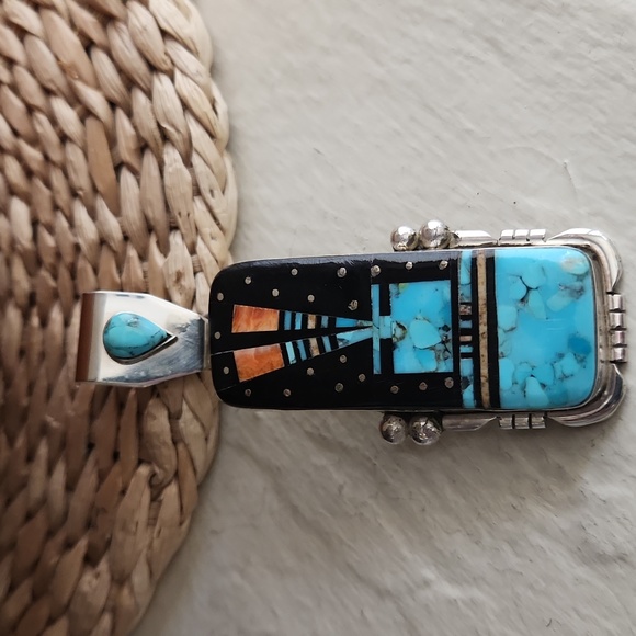Amazing Handmade Native American Navajo Inlaid Pendant by Ray Jack 💙🖤🩵 - Picture 15 of 16